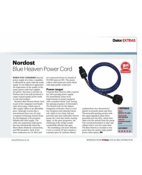 Nordost Blue Heaven Power Cord 1.5 Meter UK Plug Made in USA