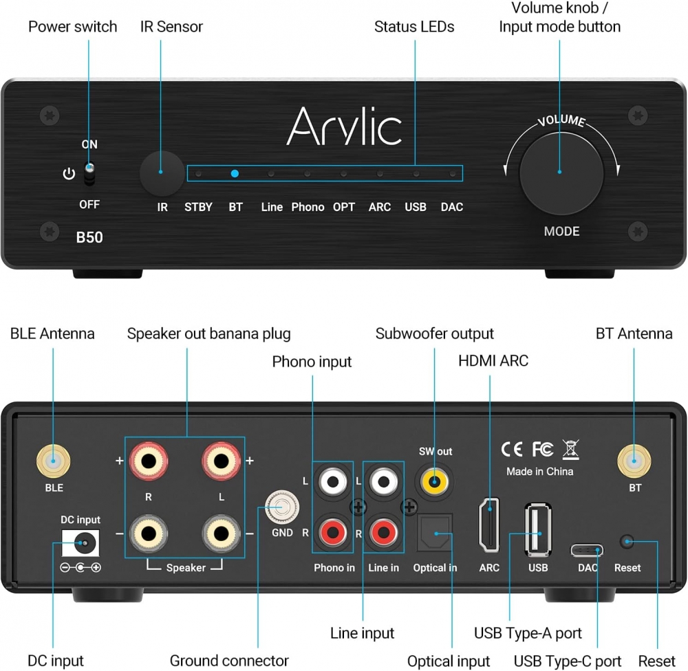 Arylic B50 Bluetooth Stereo Amplifier With Audio Transmitter