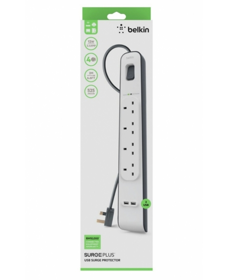 Belkin BSV401sa2M 4 Outlets 2M Surge Protection Strip with 2 USB Ports