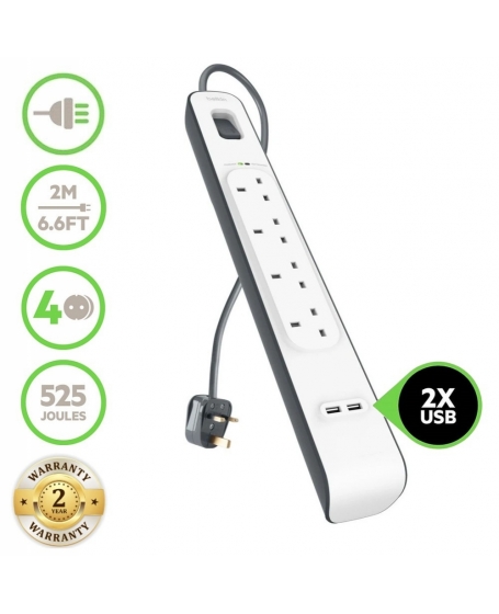 Belkin BSV401sa2M 4 Outlets 2M Surge Protection Strip with 2 USB Ports
